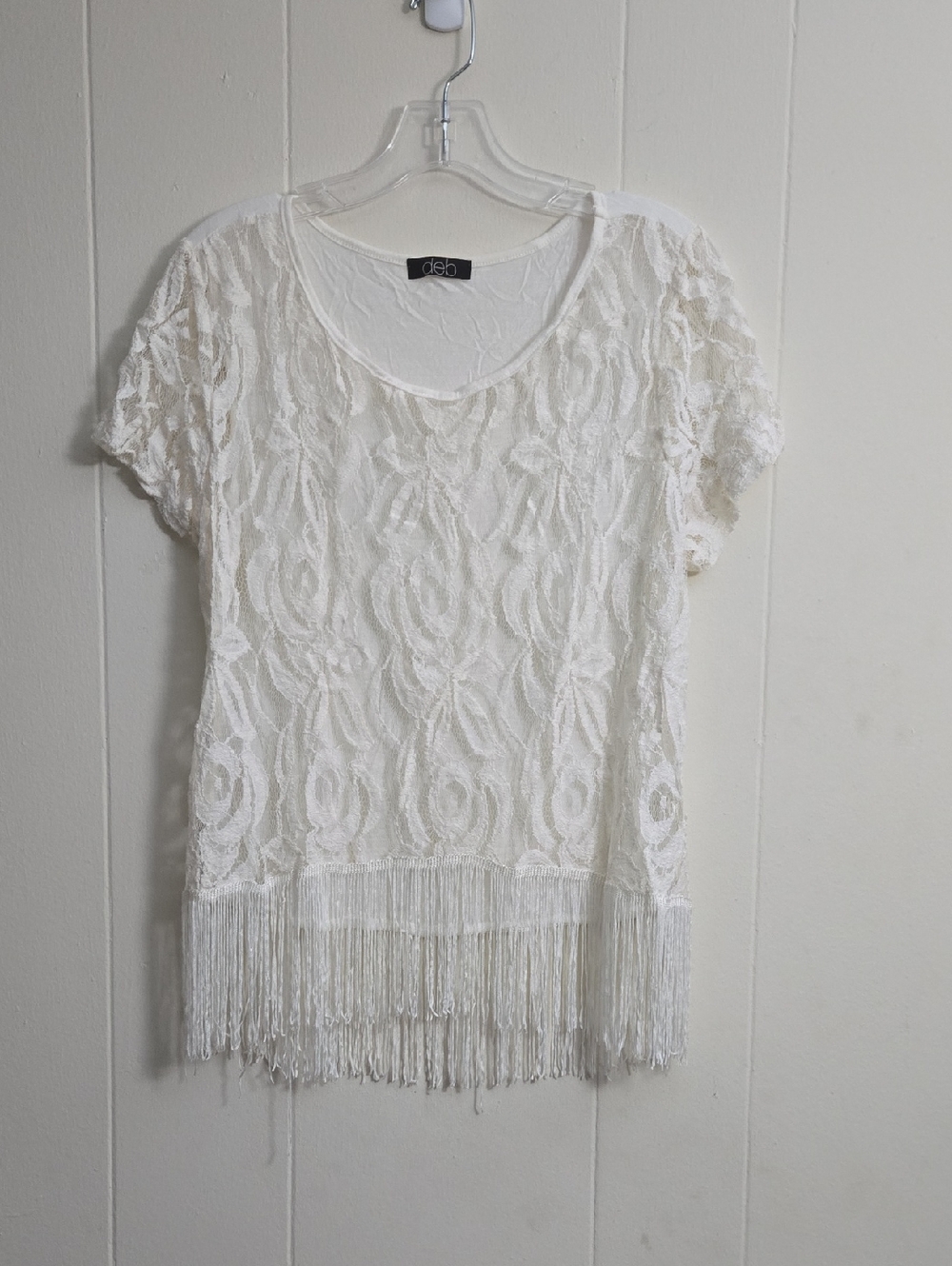 Deb White Lace Fringe Scoop Neck Top